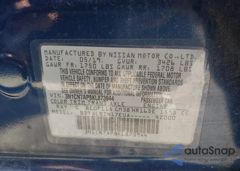 2019 Nissan Versa 1.6 Sv from USA, damaged, VIN 3N1CN7AP8KL873944